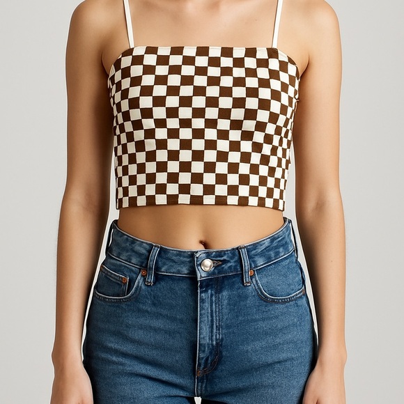 Rue21 Size XS Brown and White Checker Print Crop Tank Top - Picture 1 of 6